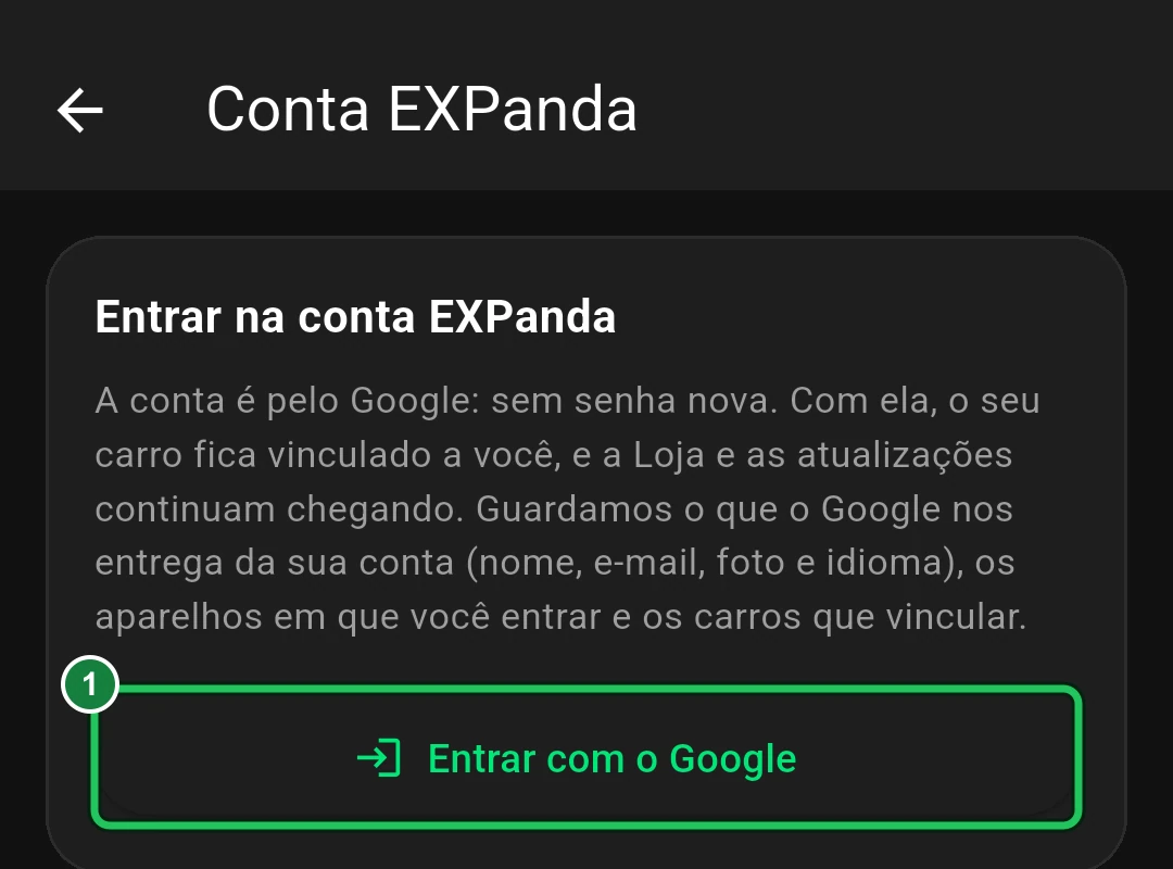 Tela «Conta EXPanda» do app, com o cartão «Entrar na conta EXPanda» e o botão «Entrar com o Google»; a marca verde 1 está no botão.