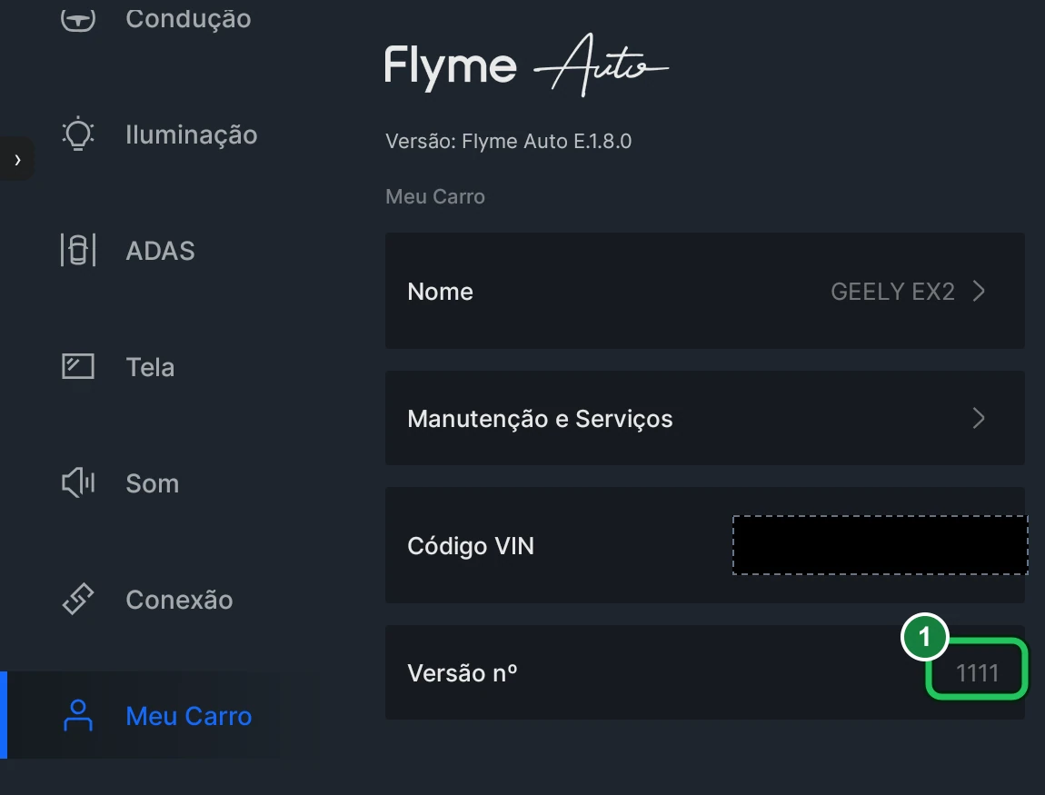 Tela Meu Carro da central, com a versão 1111 marcada em verde e o código VIN coberto por uma tarja preta.